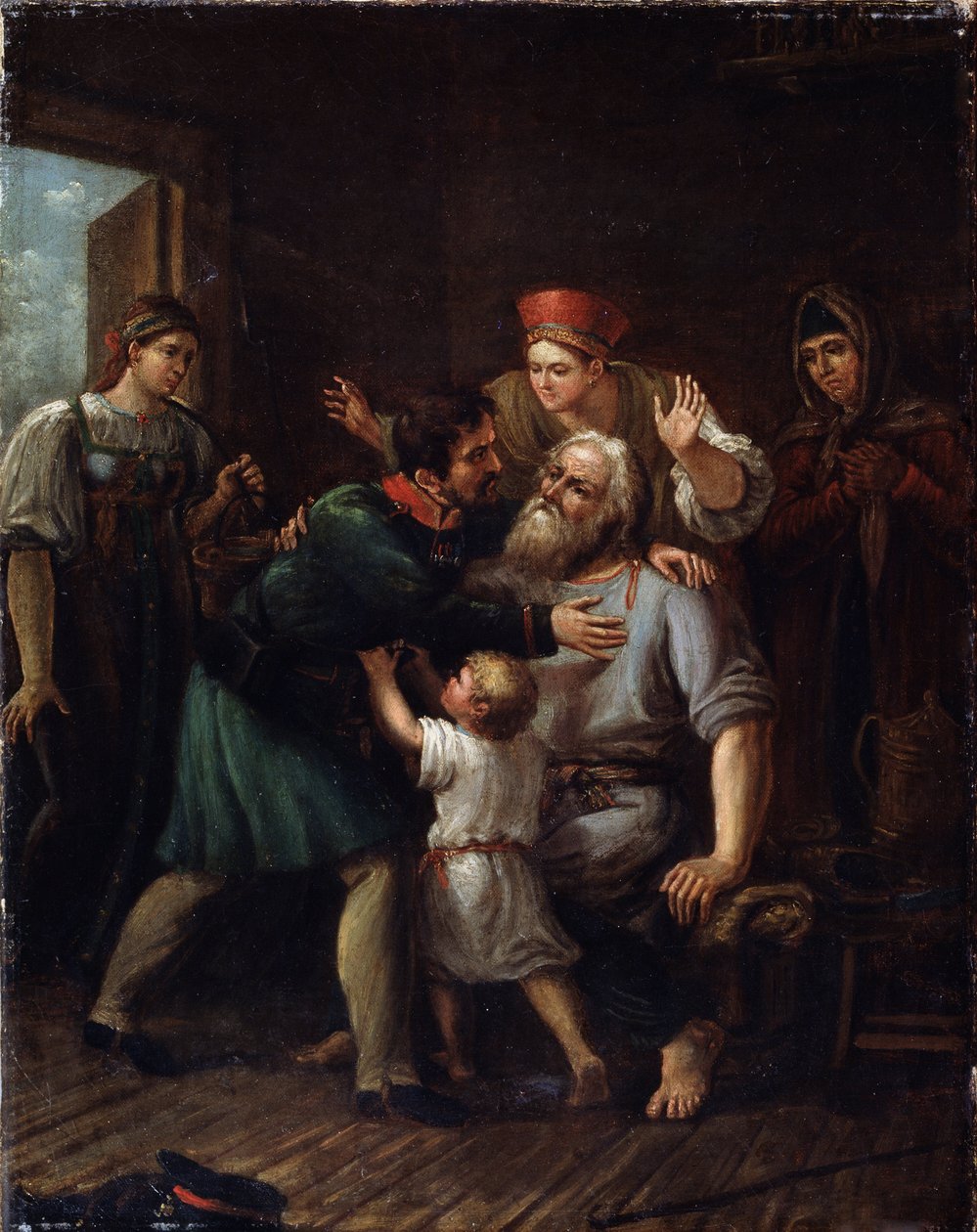 The Return of the Warrior (Homecoming Warrior). En soldat kommer hjem og kaster seg i armene til sin gamle far. Hele familien uttrykker sin glede og lettelse over å se ham i live. Maleri av Ivan Vasilyevich Luchaninov (1781-1824), olje på t. av Ivan Vasilyevich Luchaninov