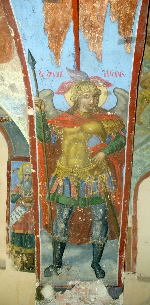 Erkeengelen Saint Michael - Fresco av Ivan Yakovlevich Bakhmatov (aktiv tidlig på 1700-tallet), freske i katedralen til Vår Frue av skiltet i Novgorod (Russland) - (Erkeengelen Saint Michael, Fresco av Ivan Yakovlevich Bakhmatov, i katedralen i Vår dame av Ivan Yakovlevich Bakhmatov