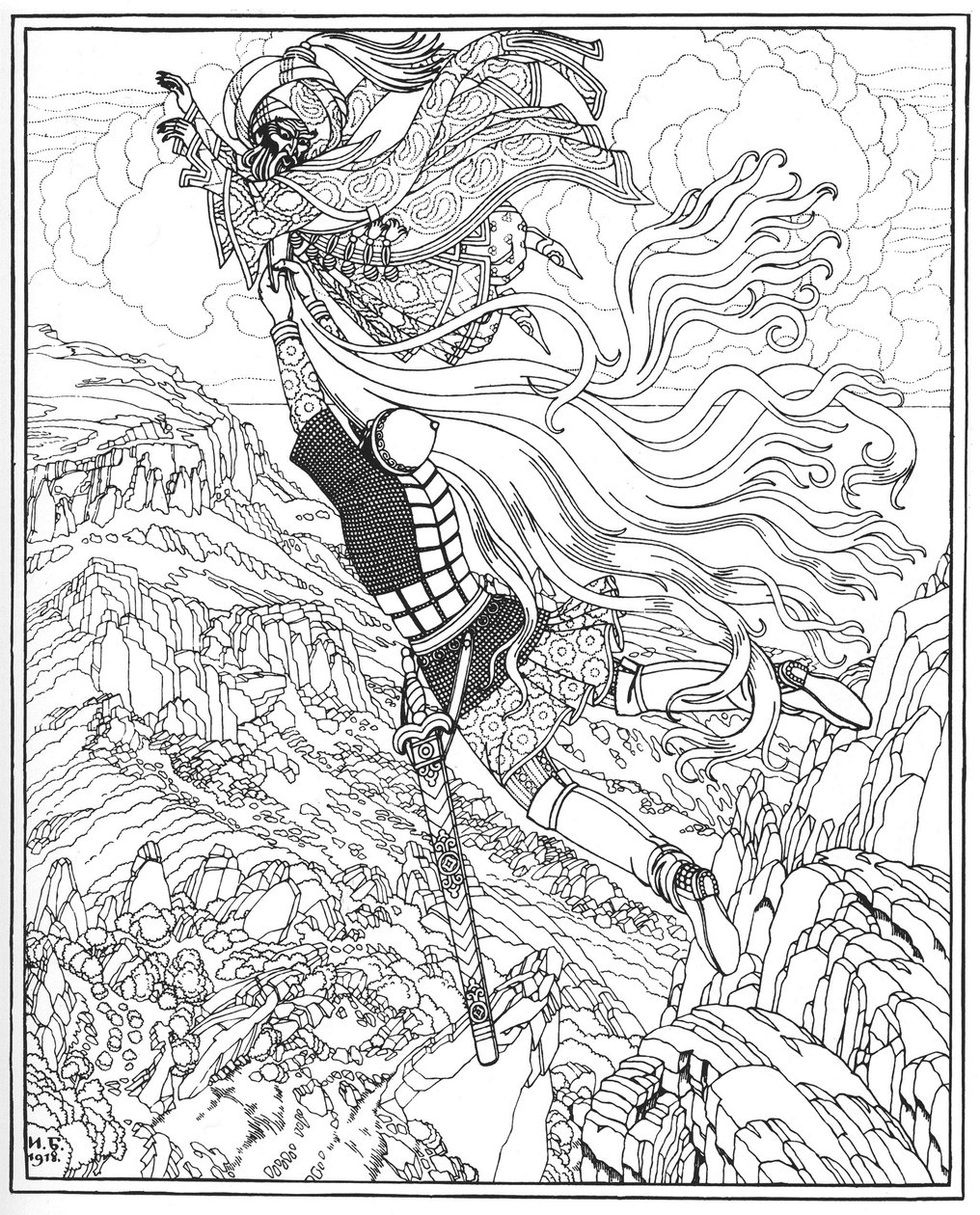 Flight of Chernomor og Ruslan. Illustrasjon til diktet Ruslan og Lyudmila av A. Pushkin, 1918 av Ivan Yakovlevich Bilibin