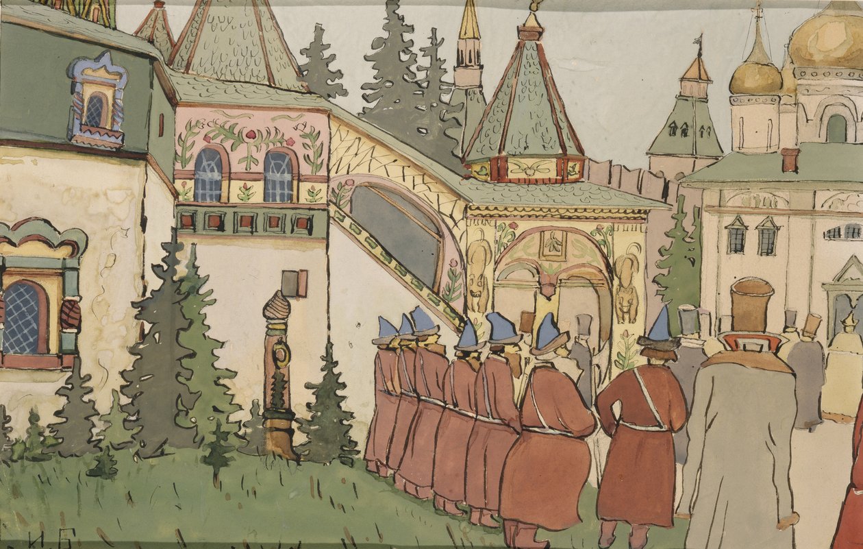 Illustrasjon til eventyret Fjæren til Falken Finist, tidlig på 1900-tallet av Ivan Yakovlevich Bilibin