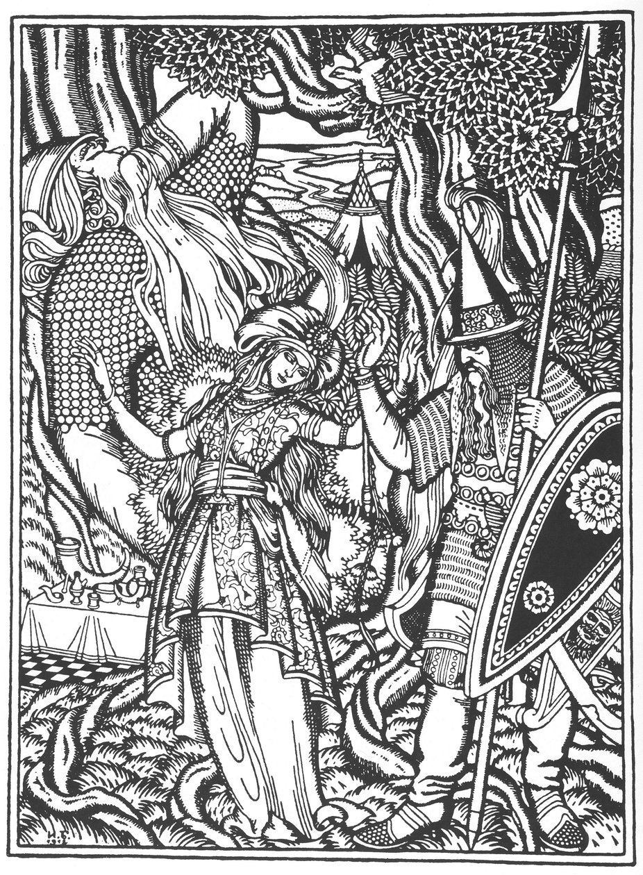 Ilya Muromets og Svyatogors kone, 1912 av Ivan Yakovlevich Bilibin