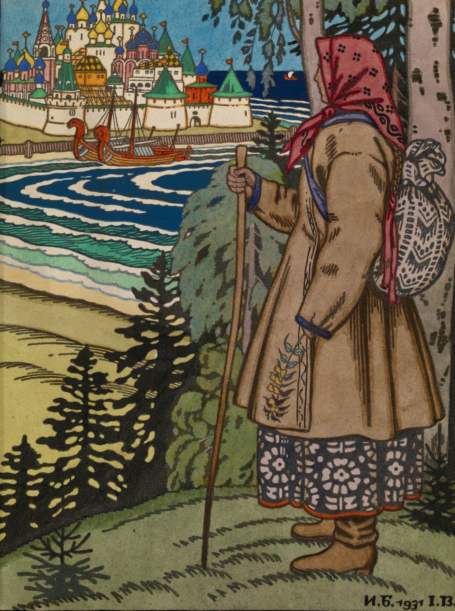 Bondepike. Illustrasjon til boken Contes de lIsba, 1931 av Ivan Yakovlevich Bilibin