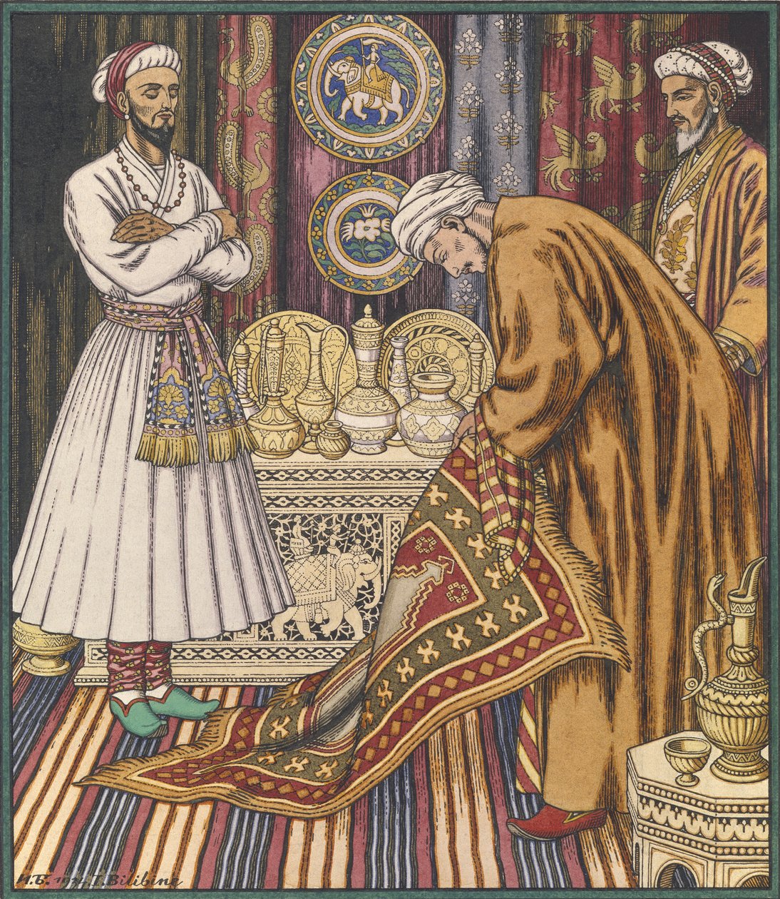 Prins Ali kjøper et teppe. Illustrasjon for arabiske eventyr av Ivan Yakovlevich Bilibin
