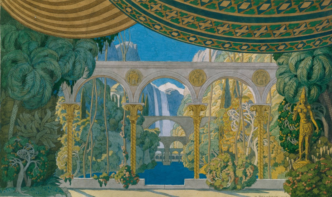 Hagene i Chernomor. Scenografi for operaen Ruslan og Ludmila av M. Glinka, 1913 av Ivan Yakovlevich Bilibin