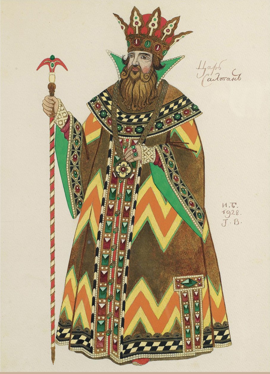 Tsar Saltan. Kostymedesign for operaen The Tale of Tsar Saltan av N. Rimsky-Korsakov, 1928 av Ivan Yakovlevich Bilibin