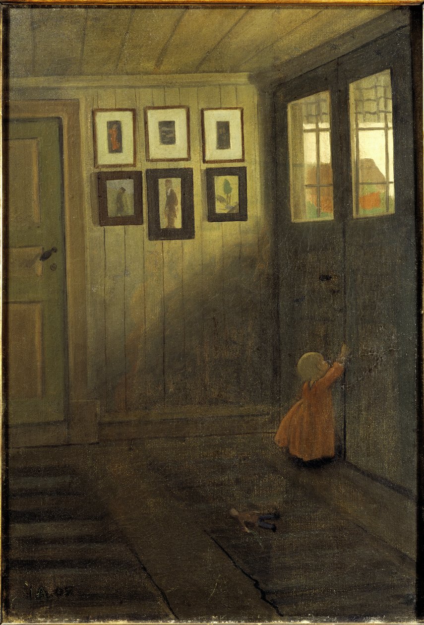 Den lille jenta står ved døren. Interiør i kunstnerens hus i Aelvaengen (Sverige) - Piken ved døren. Interiør i Kunstnerhjemmet, Aelvaengen, av Arosenius, Ivar (1878-1909). olje på lerret av Ivar Axel Henrick Arosenius