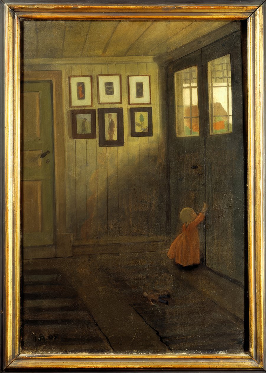 Jenta ved døren. Interiør i kunstnerens hus, Älvängen av Ivar Axel Henrik Arosenius