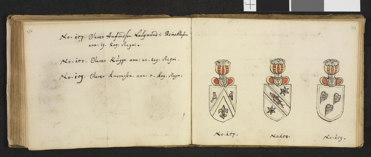 Illustrasjon hentet fra et privatarkiv i Nasjonalbiblioteket med tittelen Insignia quædam virorum illustrium in Norvegia quodam habitantium av Iver Nielssøn Hirtzholm av Iver Hirtzholm