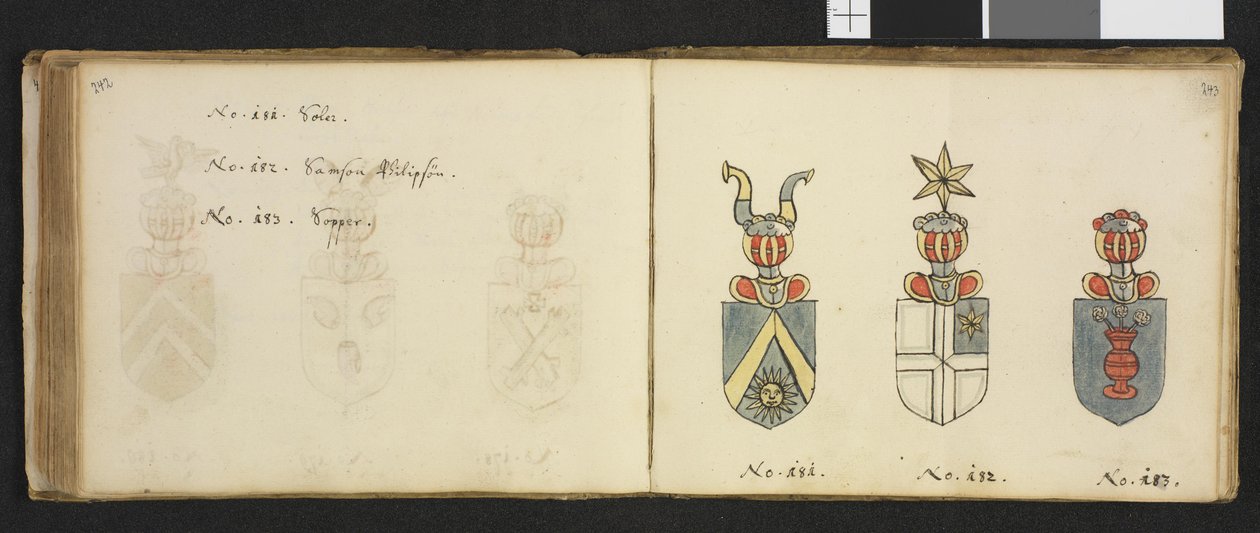 Illustrasjon hentet fra et privatarkiv i Nasjonalbiblioteket med tittelen Insignia quædam virorum illustrium in Norvegia quodam habitantium av Iver Nielssøn Hirtzholm av Iver Hirtzholm