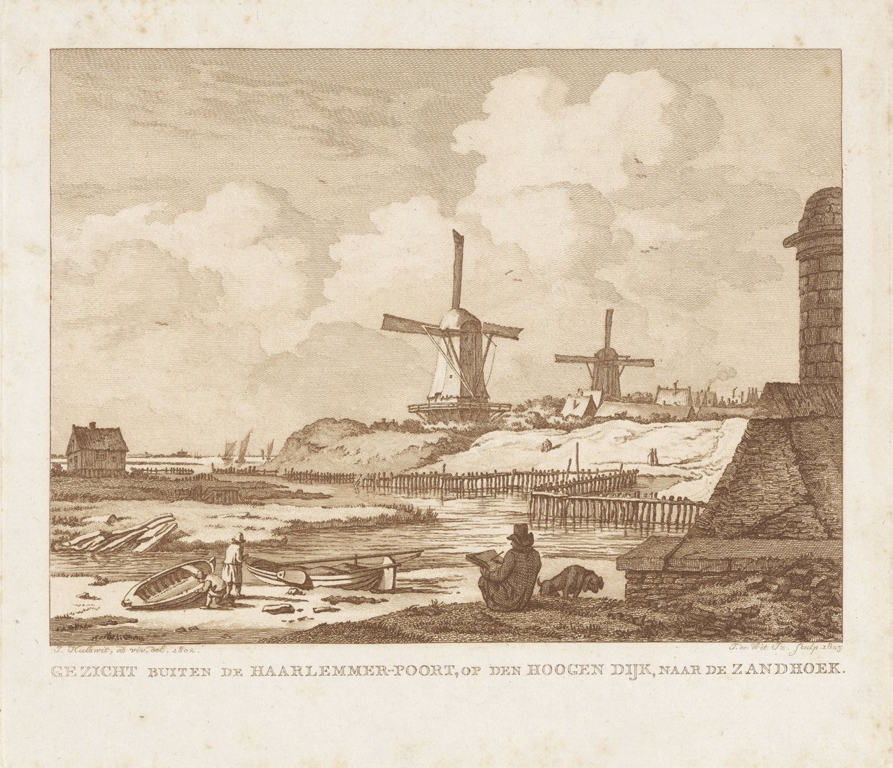 Utsikt utenfor Haarlemmerpoort i Amsterdam med en sittende tegner Utsikt utenfor Haarlemmer-Poort, på Hoogen Dijk, mot Zandhoek (tittel på objekt) av Izaak Jansz. de Wit