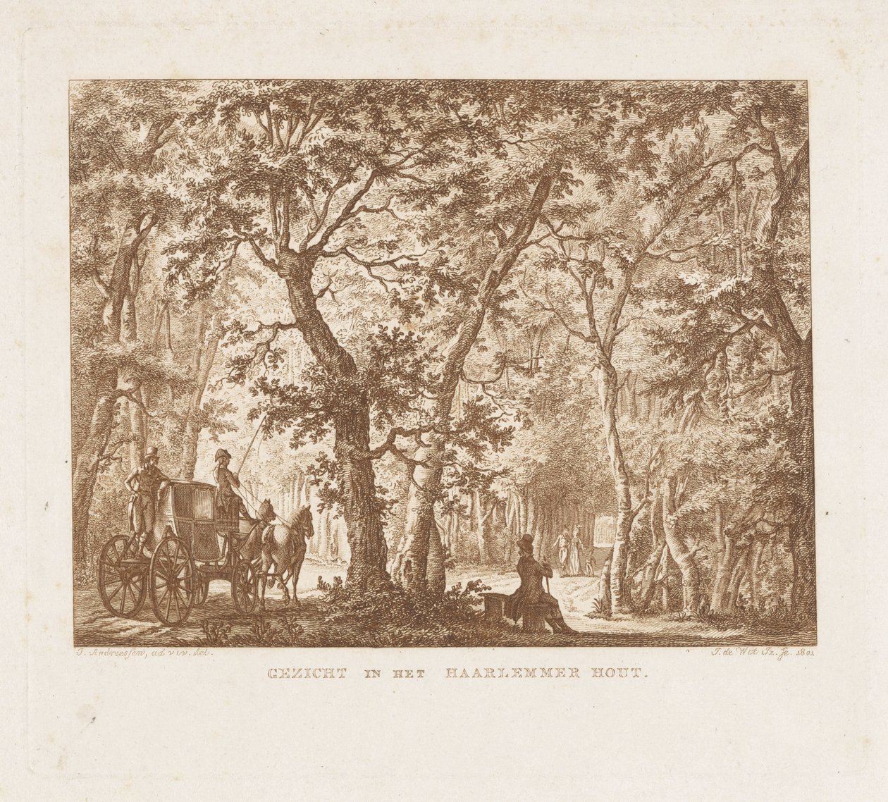 Vogn og turgåere i Haarlemmerhout Utsikt i Haarlemmer Hout (tittel på objekt) av Izaak Jansz. de Wit