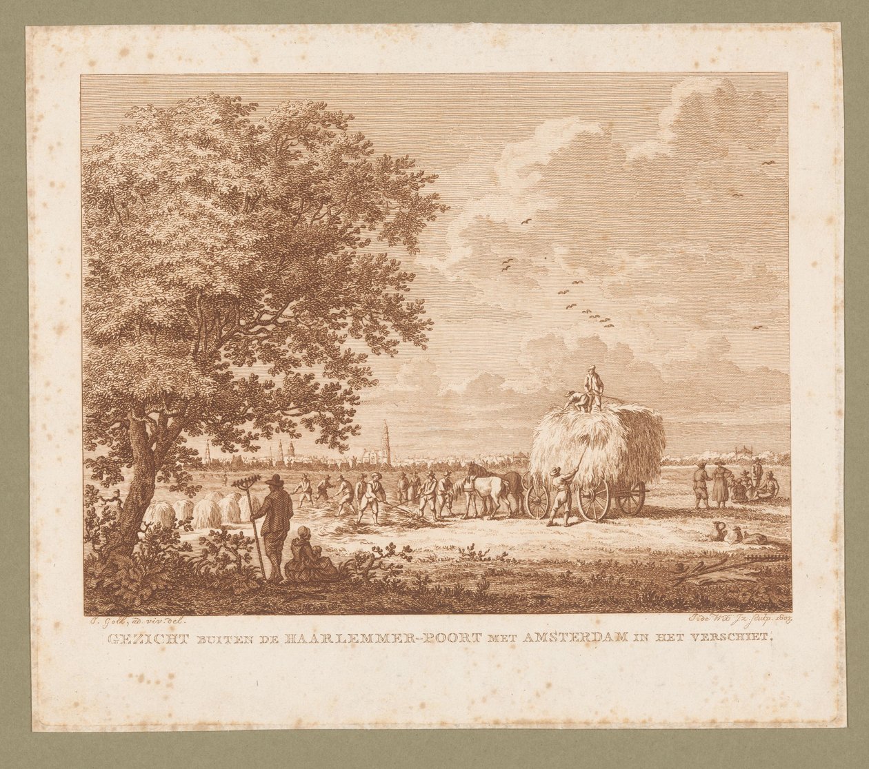 Landskap med bønder som lager høy med Amsterdam i horisonten Utsikt utenfor Haarlemmer-Poort med Amsterdam i vente (tittel på objekt) av Izaak Jansz. de Wit