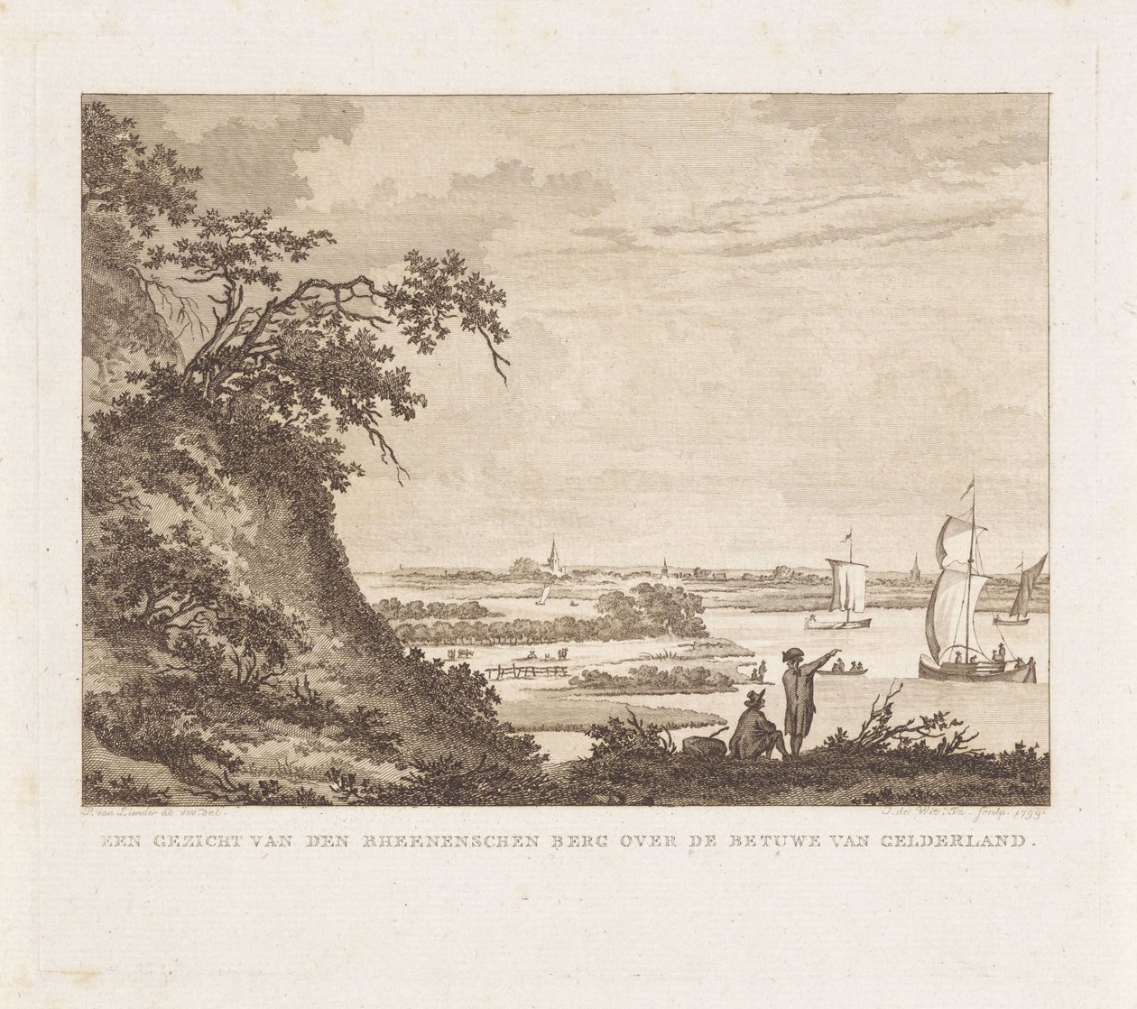Vidt landskap med to figurer og seilskuter En utsikt over den Rheenenschen Berg over Betuwe of Gelderland (tittel på objekt) av Izaak Jansz. de Wit