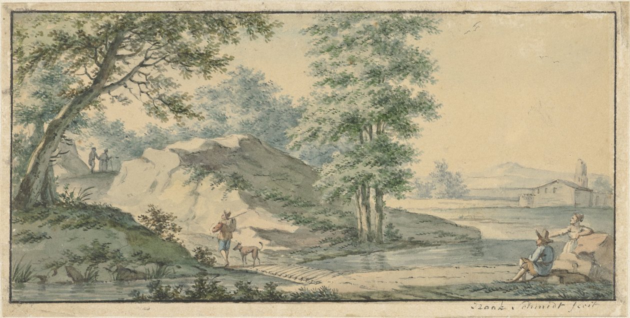 Landskap med bro av Izaak Schmidt