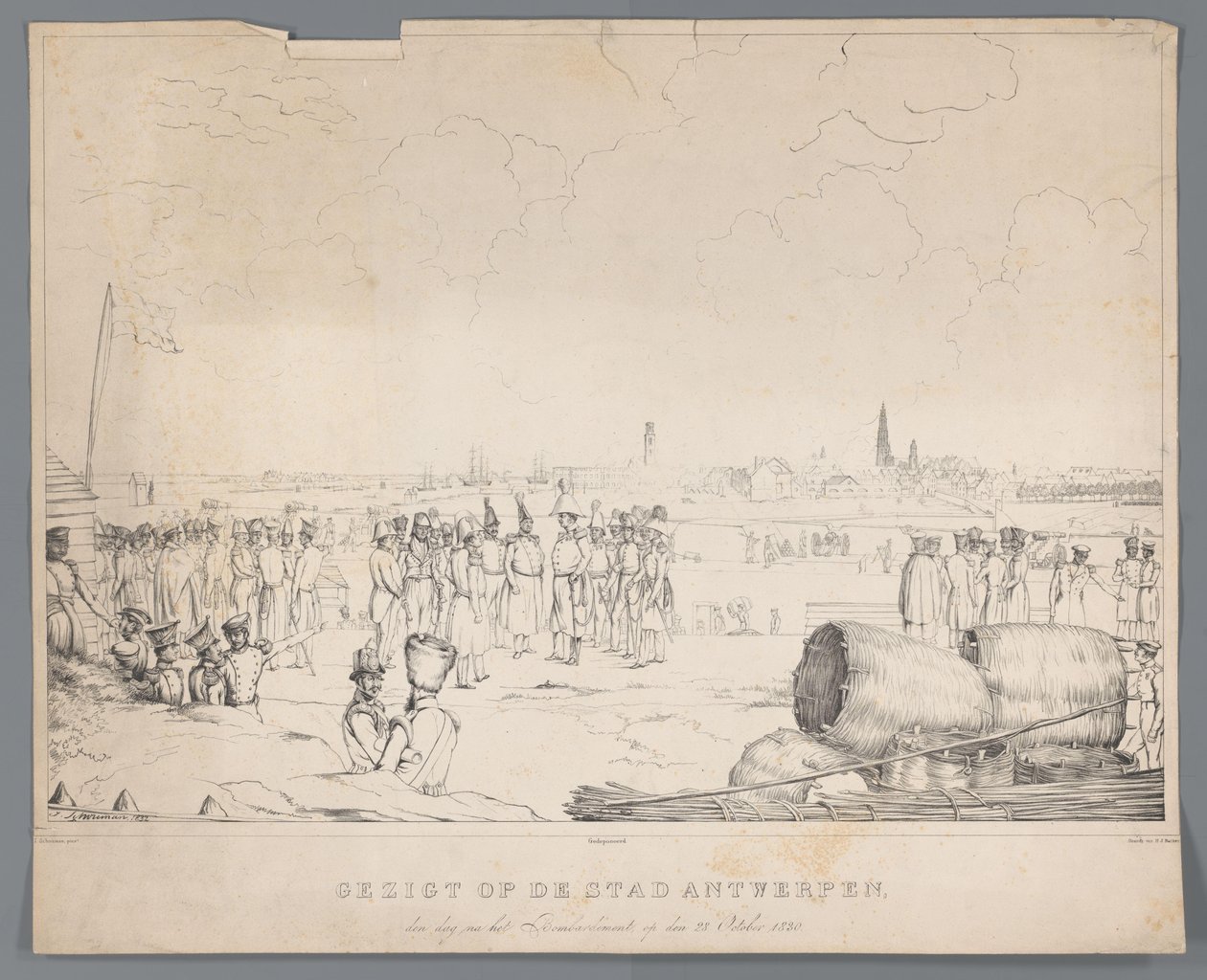 Utsikt over byen Antwerpen dagen etter bombardementet, 28. oktober 1830 (tittel på objekt) av Izaak Schouman