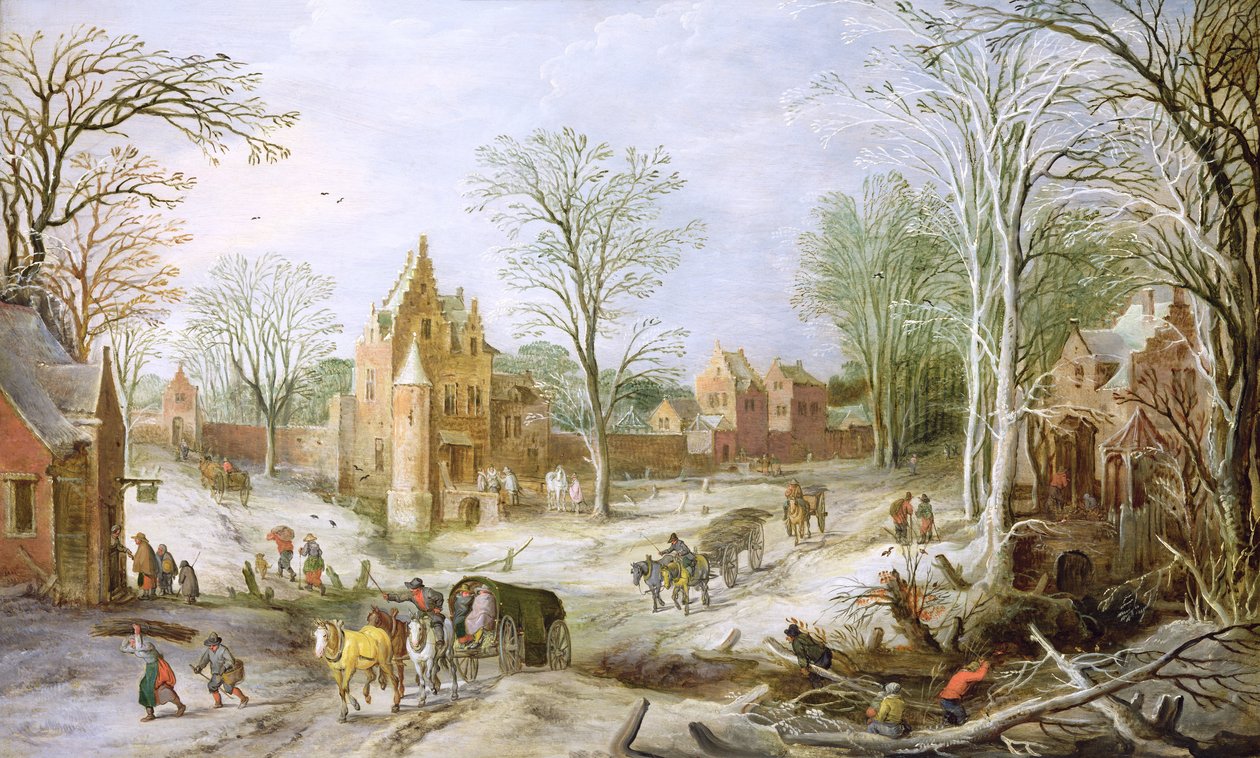 Et skogkledd vinterlandskap med en vogn (panel) av J. and Momper, J. de Brueghel