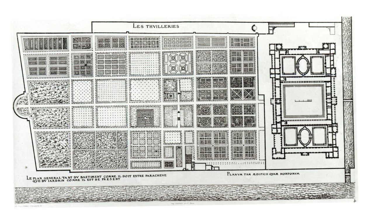 Plan over palasset og hagen til Tuileriene i Paris på 1500-tallet, utgitt av A. Levy, 1800-tallet av J. Androuet Ducerceau