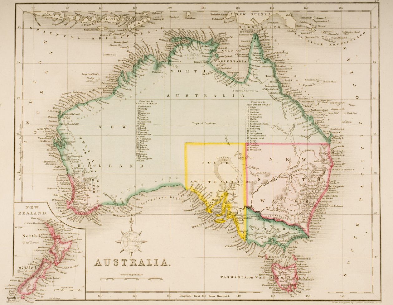 Kart over Australia og New Zealand av J. Archer