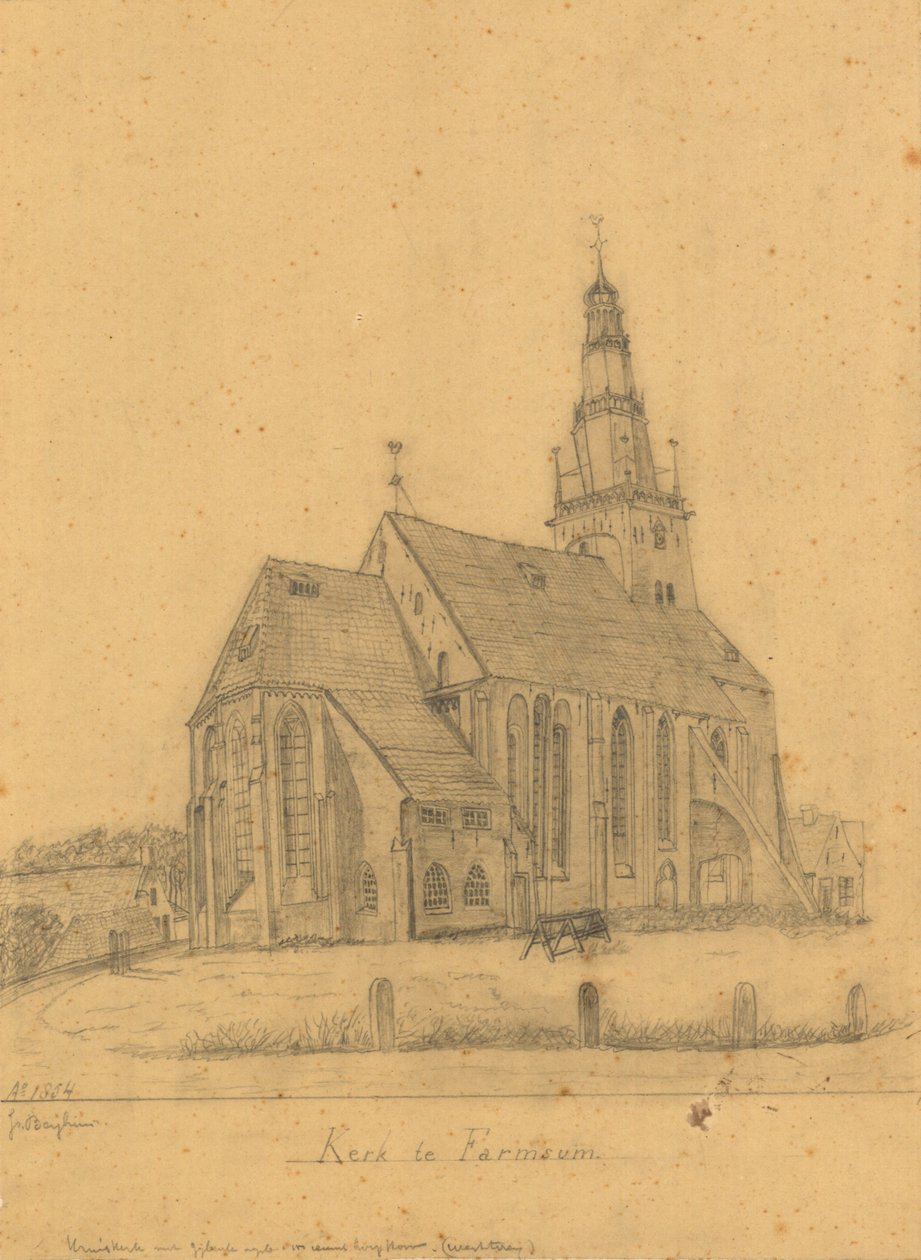 Tegning av den gamle kirken Farmsum før rivningen av tårnet i 1855 (og kirken i 1869) av J. Berghuis