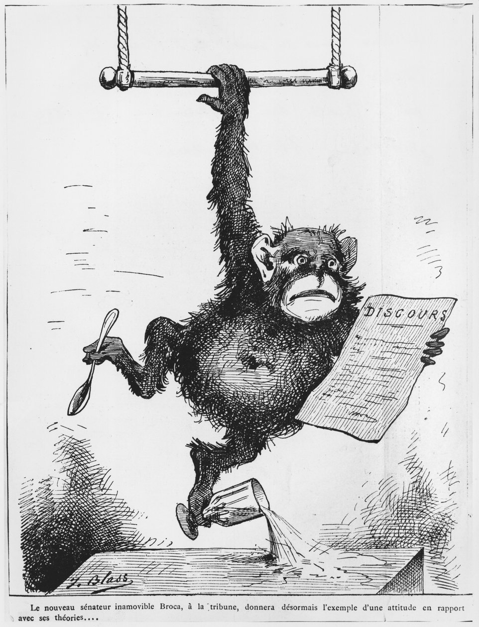 Karikatur av Paul Broca (1824-80) illustrasjon fra 'Le Triboulet', 1880 av J. Blass