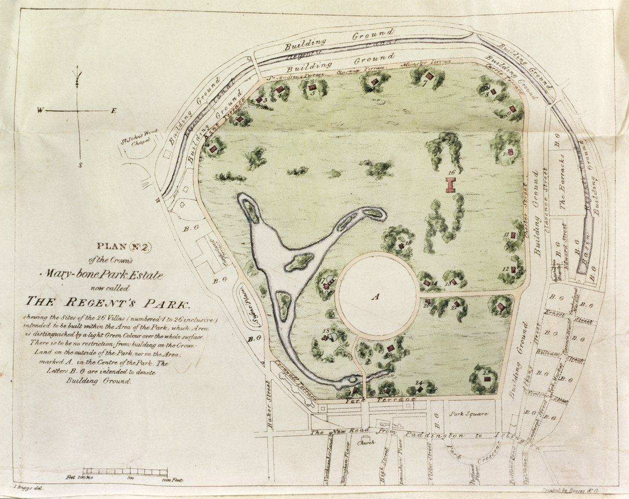 Plan of Regents Park, trykt av Boosey & Co., 1822 av J. Briggs