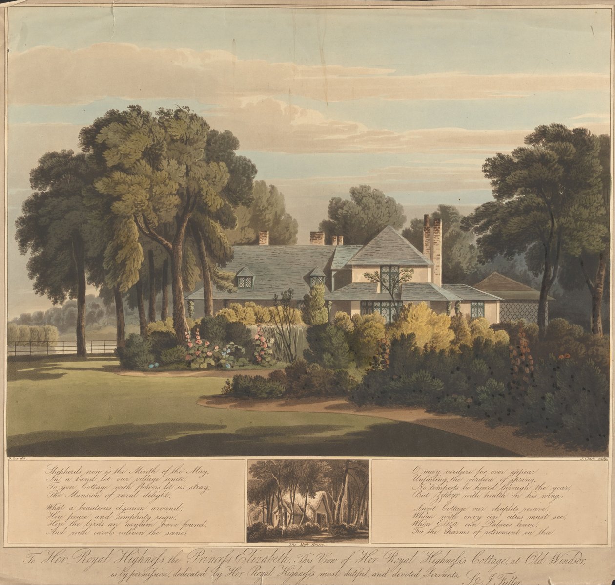 Utsikt over HRH the Princess Elizabeths Cottage på Old Windsor med utsikt over mosehuset nedenfor av J. Clark