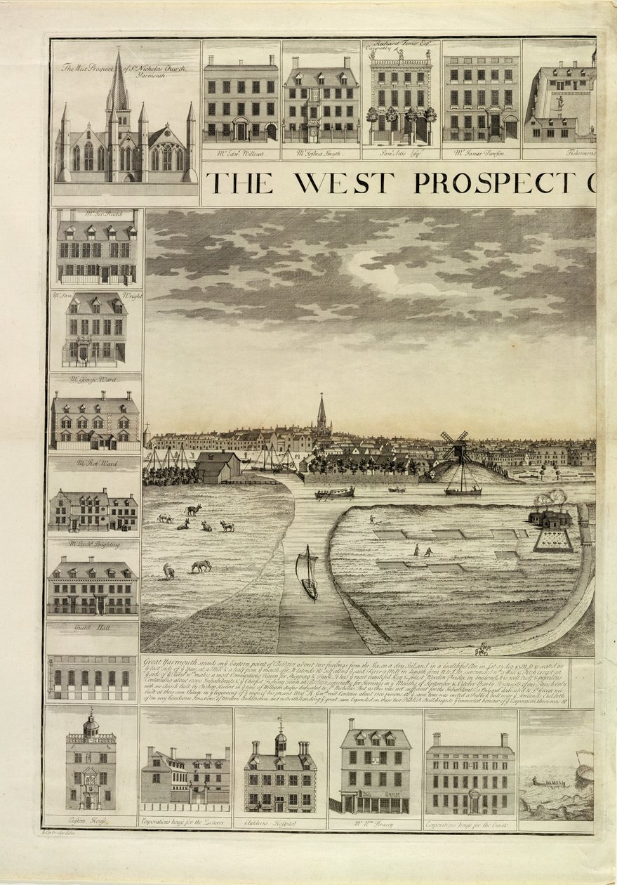 The West Prospect of the Town of Great Yarmouth i Norfolk, gravert av John Harris (fl.1686-1740) (se også 241067,241068) av J. Corbridge
