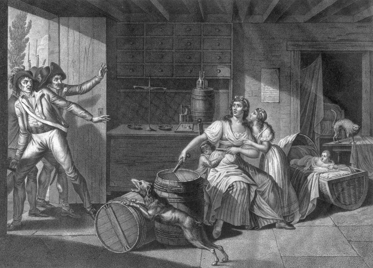 Handling av heroisk mot fra en kvinne som står overfor vendiske røvere etter å ha fått kontroll over Saint-Mithier, 1793 av J. F. Cazenave