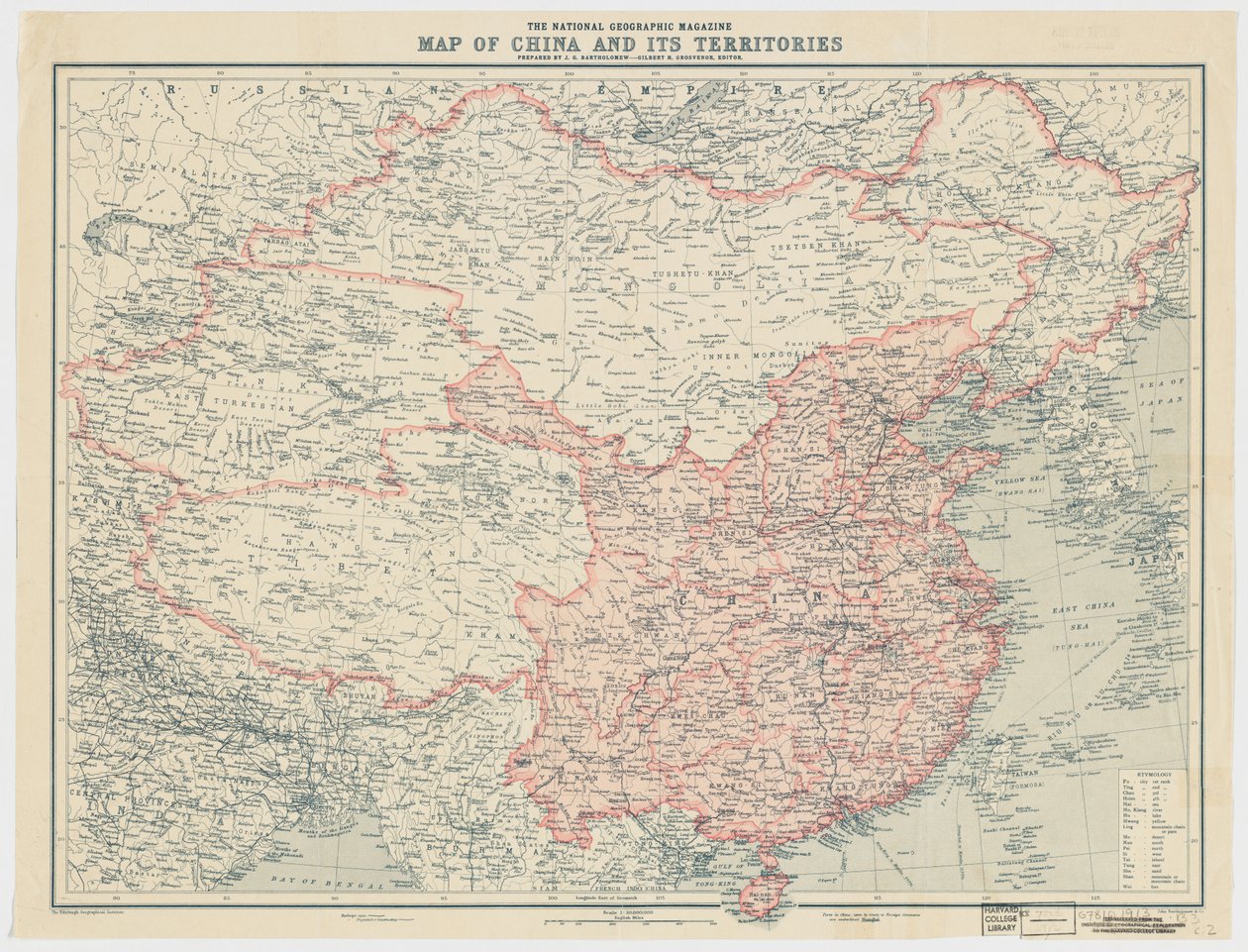 National Geographic Magazine -kartet over Kina og dets territorier av J. G. Bartholomew