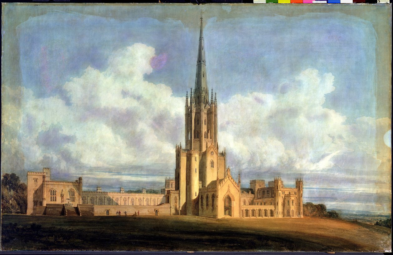 Prosjektert design for Fonthill Abbey, Wiltshire, 1798 (wc på vevd papir bakket med lin) av Joseph Mallord William Turner