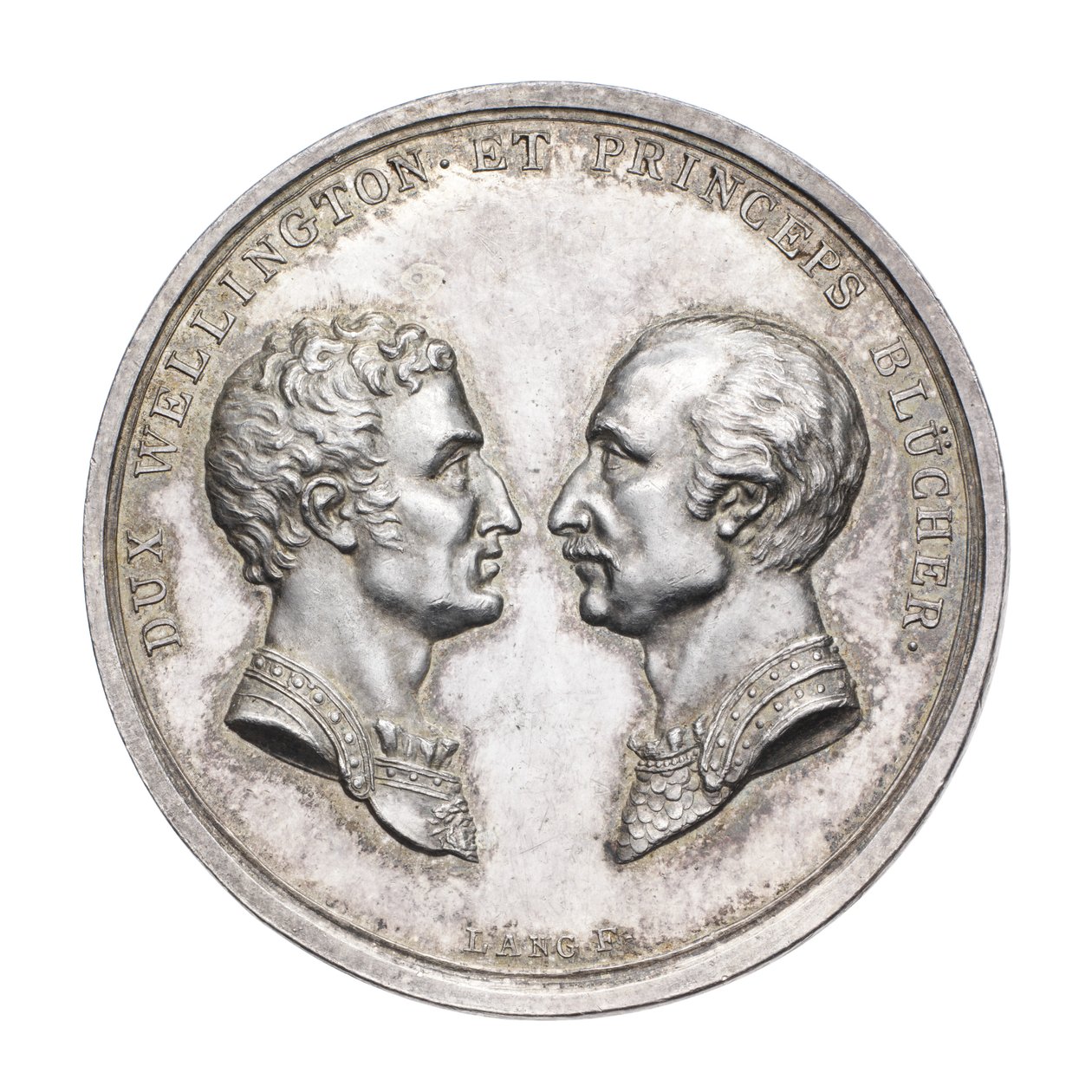 Medalje til minne om hertugen av Wellington og feltmarskalk von Blücher 1815, ca. 1815 (sølv) av J. N. Lang