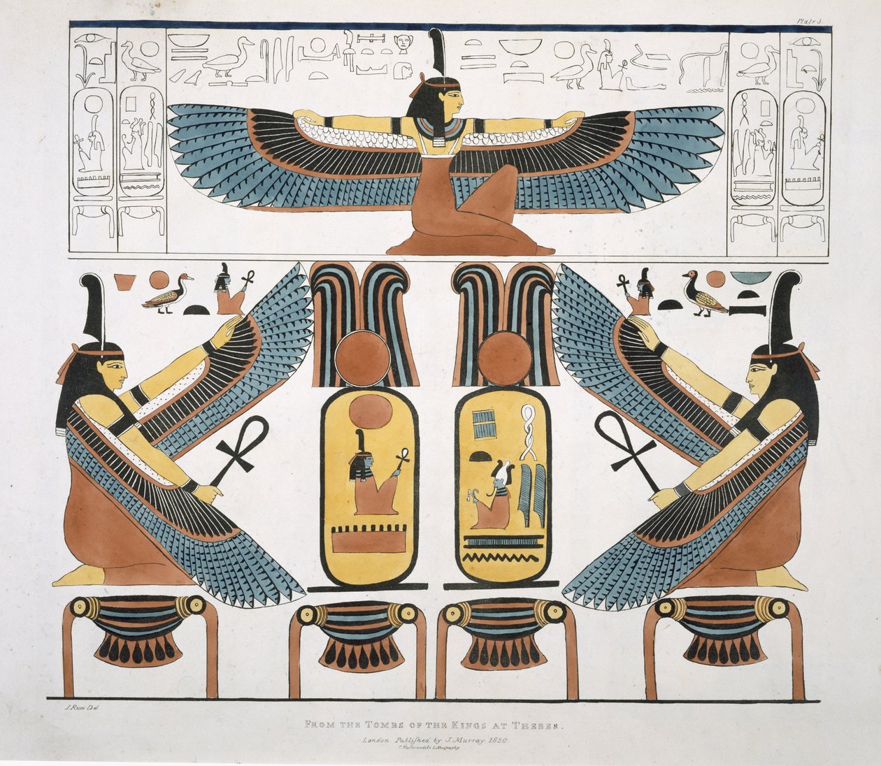 Veggmaleri fra Kongenes graver i Theben, oppdaget av G. Belzoni, plate 3 fra `Plates Illustrative of the Researches in Egypt and Nubia`, gravert av Charles Hullamandel (1789-1850) 1820-22 (liter) av J. Ricci