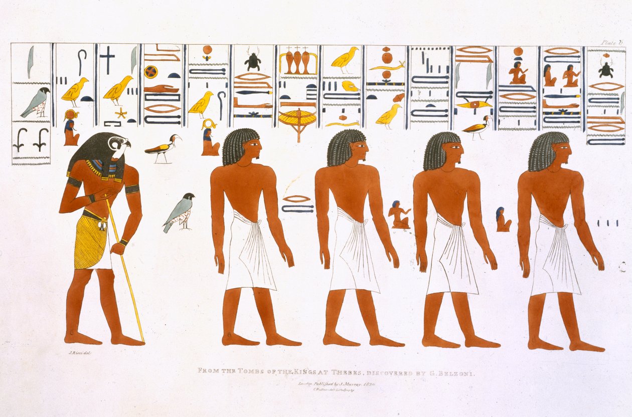 Veggmalerier fra Kongenes graver i Theben, oppdaget av G. Belzoni, plate 6 fra `Plates Illustrative of the Researches in Egypt and Nubia`, gravert av Charles Hullmandel (1789-1850) 1820-22 (liter) av J. Ricci