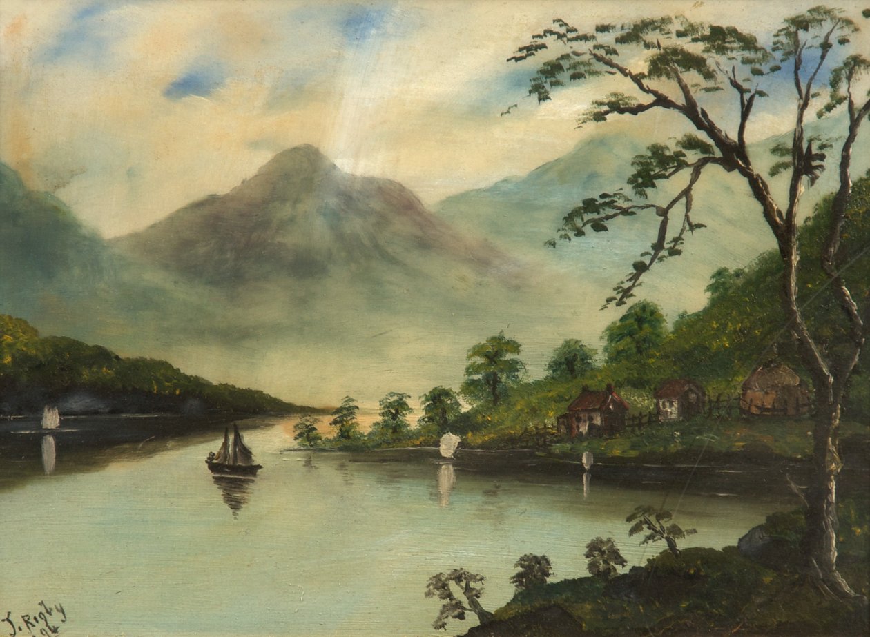 Landskap med innsjø, fjell og seilbåt, 1894 (olje på glass) av J. Rigby