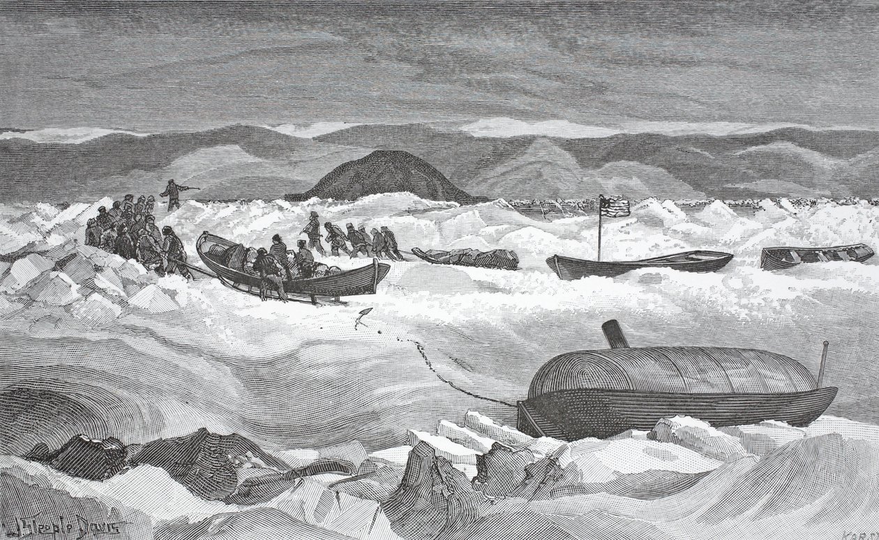 Abandoning launch, Lady Greely, 10. september 1883, pub. London 1886 av J. Steeple Davis