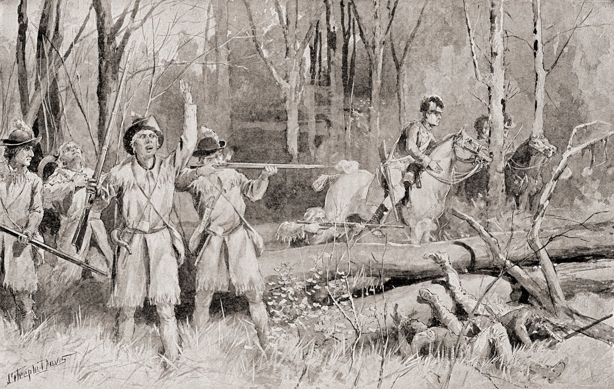 The Battle of Fallen Timbers, 20. august 1794, det siste slaget i den nordvestlige indiske krigen, fra The History of Our Country, publisert 1905 av J. Steeple Davis