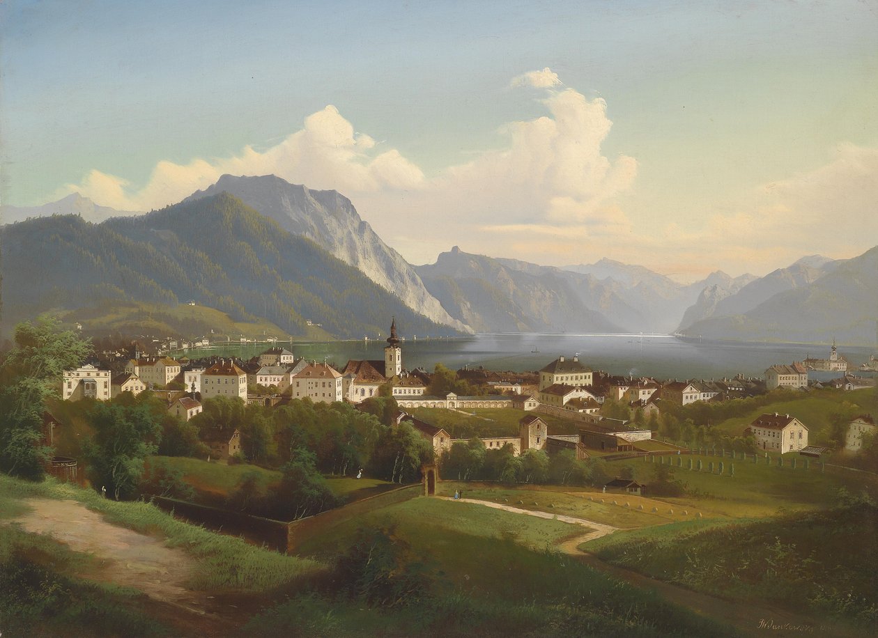 Utsikt over Gmunden og Orth Castle ved innsjøen Traunsee av J. Wilhelm Jankowsky