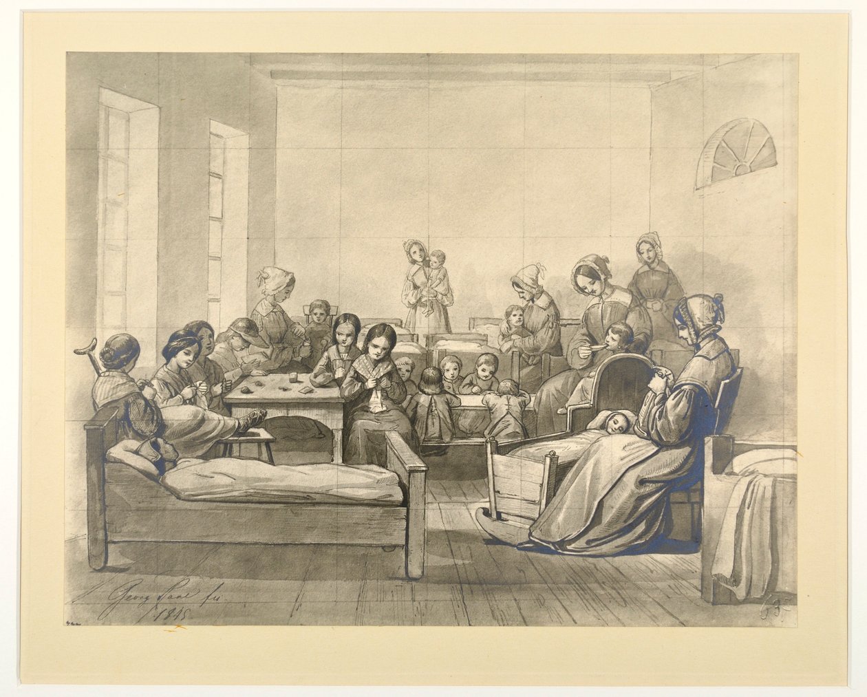 Kinder-Kranken-Saal, Menighetsscene med barn og diakonisser i Kaiserswerth, 1845 av J.B. Sonderland