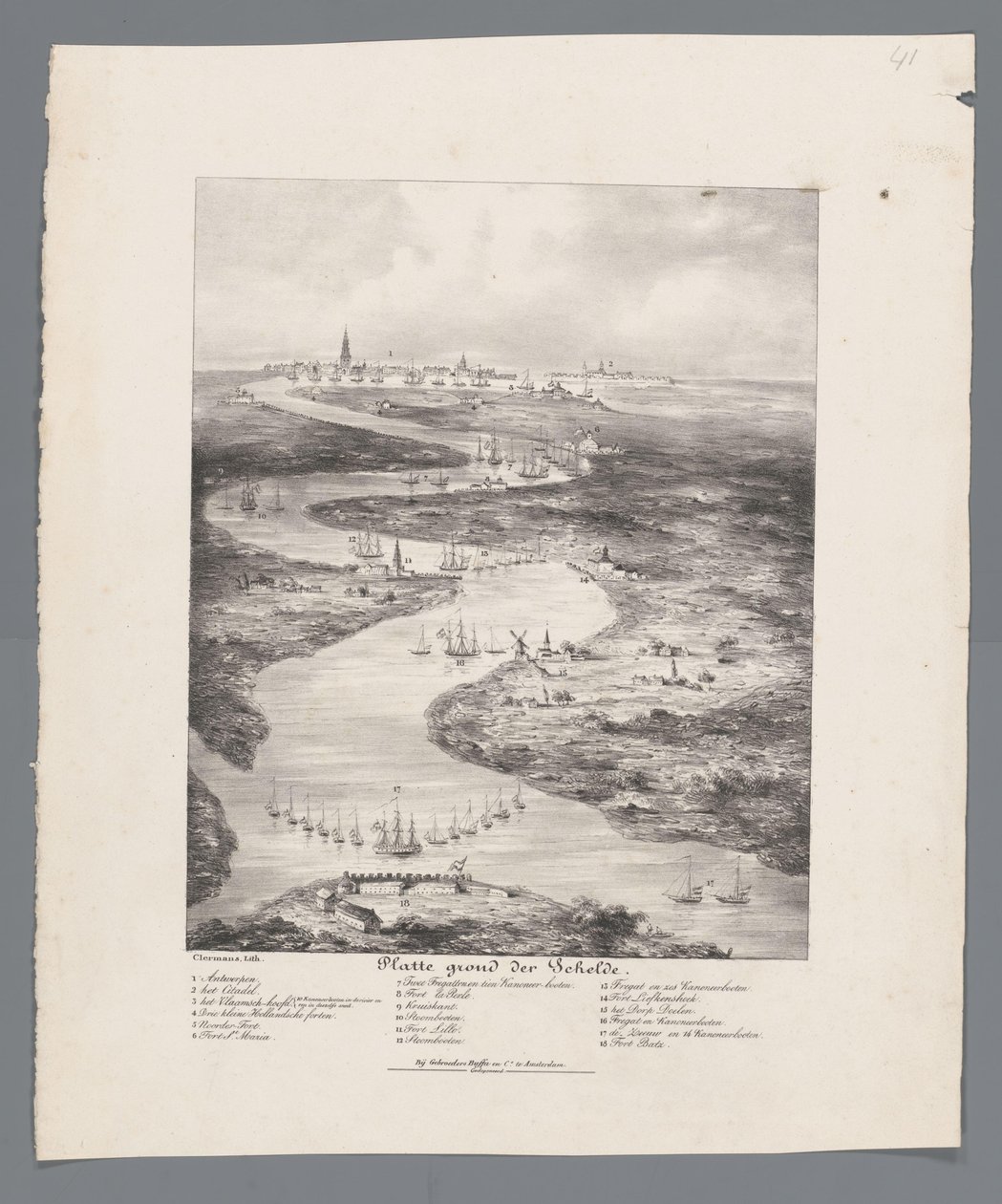 Walk of the Schelde fra Fort Bath til Antwerpen, 1832 Kart over Schelde (tittel på objekt) av J.B. Clermans