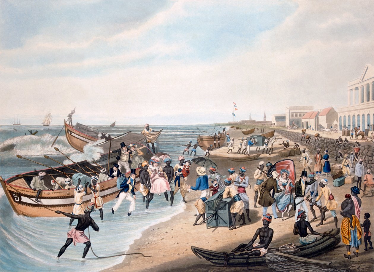 Madras Landing, gravert av C. Hunt, utgitt av Ackermann und Co., 1856 (akvatint) av J.B. East