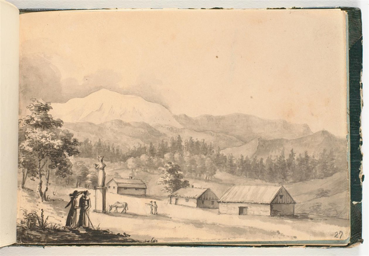 Fjelllandskap med mennesker og hus av Johan Christian Dahl