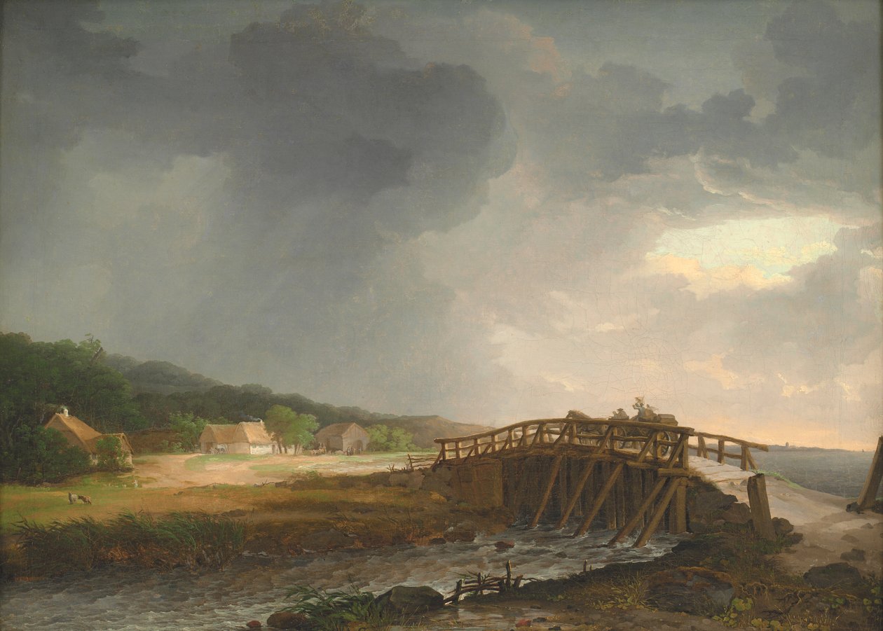 Broen over Tryggevældeelva med utsikt over Køge, Sjælland av Johan Christian Dahl