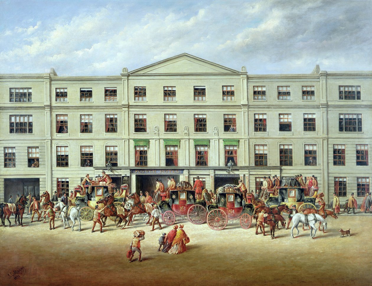 Skifte hester utenfor Plough Inn, Cheltenham, 1870 av J.C. Maggs