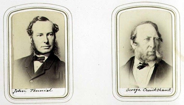 Portretter av Sir John Tenniel (1820-1914) og George Cruikshank (1792-1878) ca. 1860 (albumtrykk) av J.C. Watkins