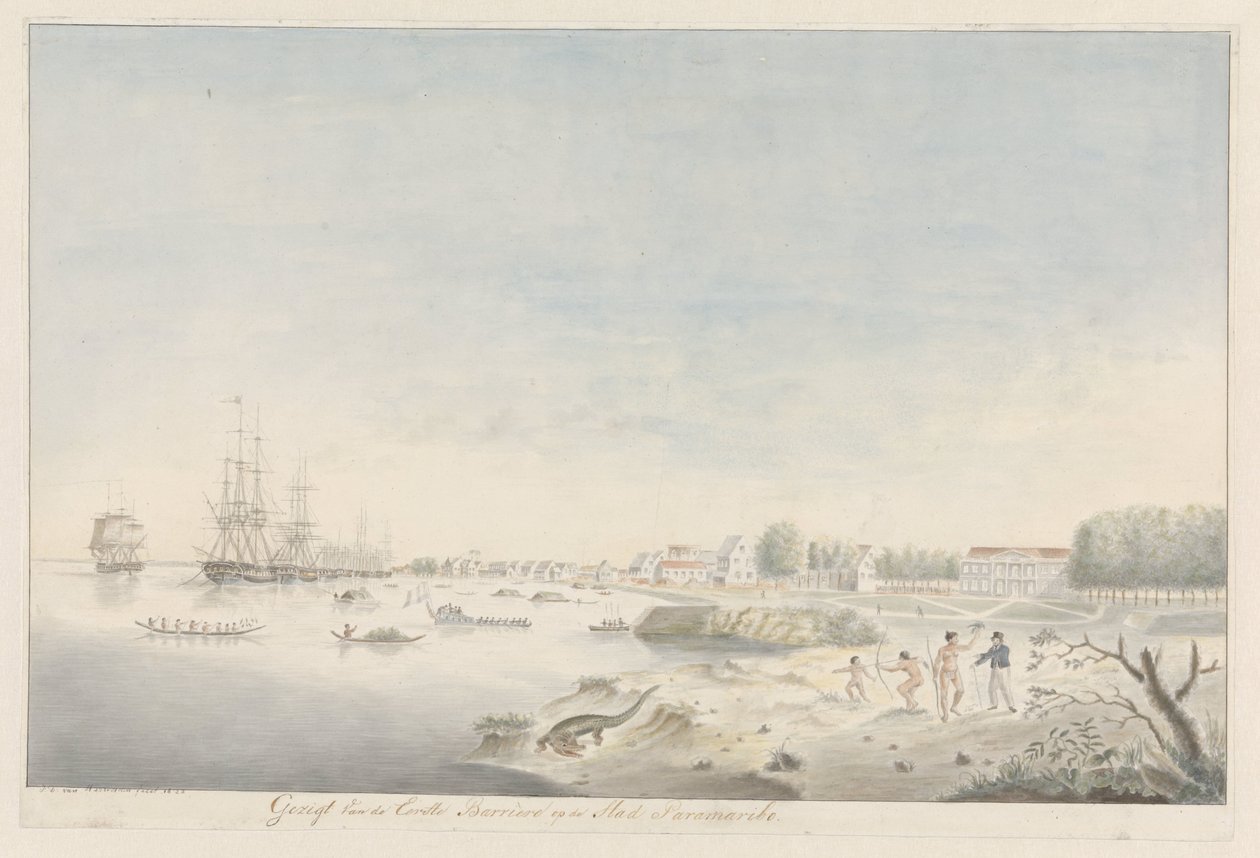 Waterfront of Paramaribo kort tid etter brannen i 1821 av J.D. van Herwaarden (signed by artist)