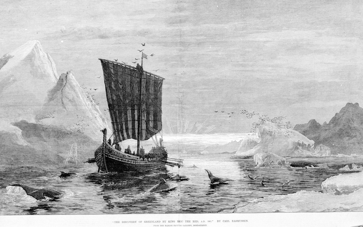 Oppdagelsen av Grønland av Erik den Røde på 900-tallet av C. Rasmussen. The Marine Picture Gallery, Bond Street. av J.E. Carl Rasmussen