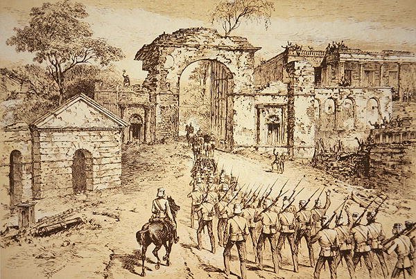 General Outram gikk inn i forsvaret til Residency, Lucknow, den 25. september 1858, i spissen for Havelocks hjelpestyrke (litho) av J.F. (after) Weedon