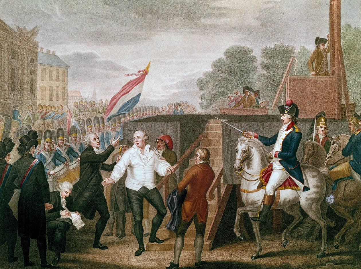 Fransk revolusjon: "" Kong Louis XVI med sin skriftefar Edgeworth den 21.01.1793" Kongen reiser seg til stillaset. Illustrasjon av J. F. Cazenave (1770-?) 1793 av J.F. Cazenave