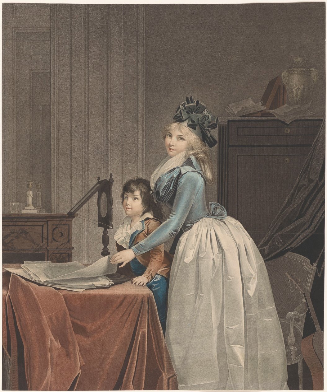 Portrett av Louise Sébastienne Gély med stesønn bak et optikkspeil jeg optikk av J.F. Cazenave