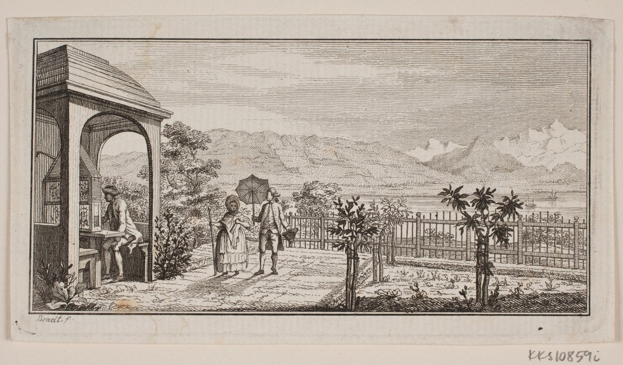 En hageterrasse i Genthod med et spaserende par av J.F. Clemens
